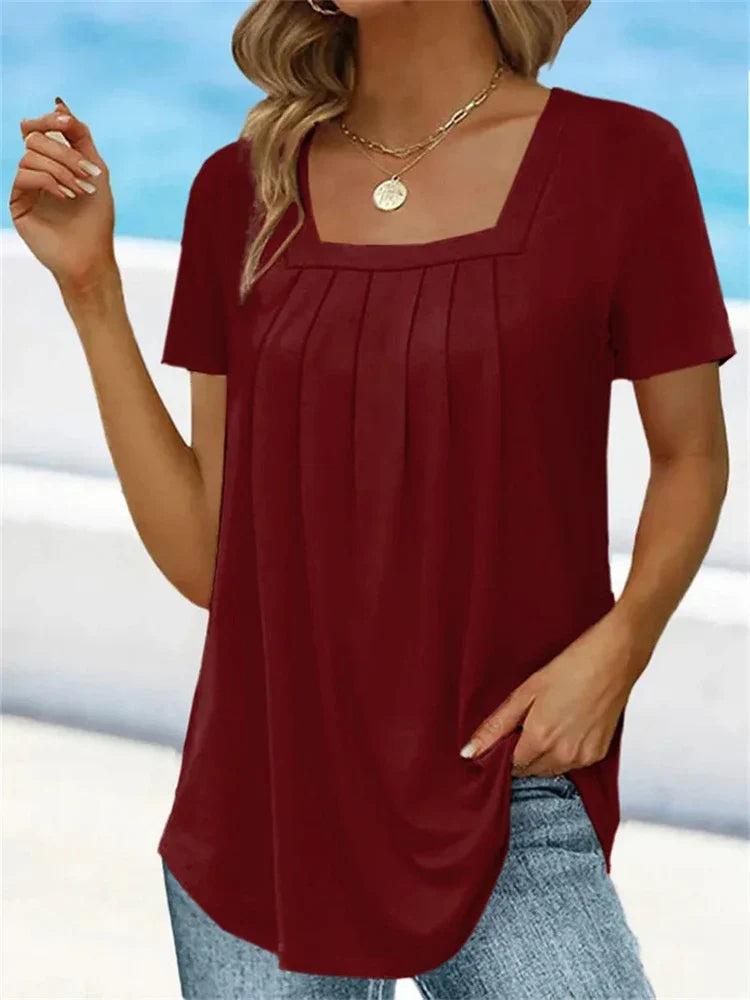 Shirt Plissé Élégant à Col Carré pour Femmes