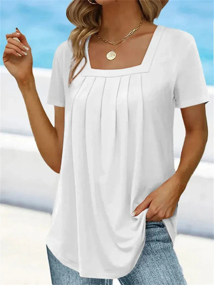 Shirt Plissé Élégant à Col Carré pour Femmes