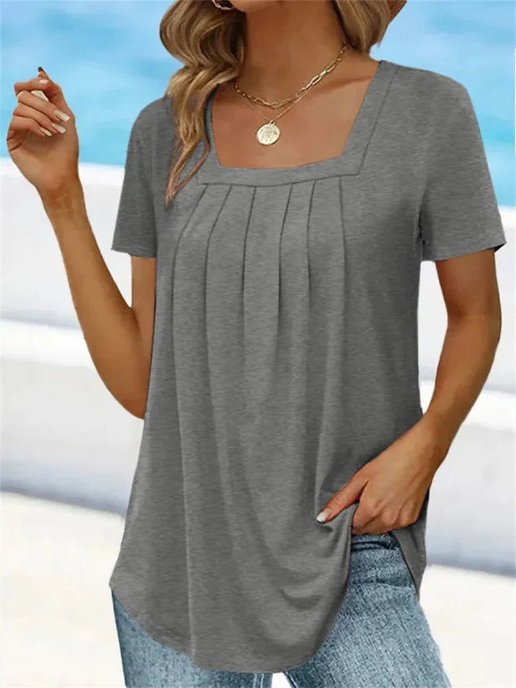 Shirt Plissé Élégant à Col Carré pour Femmes