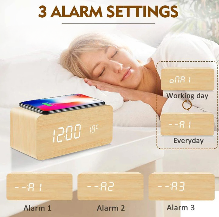 Wooden digital alarm clock with induction charger