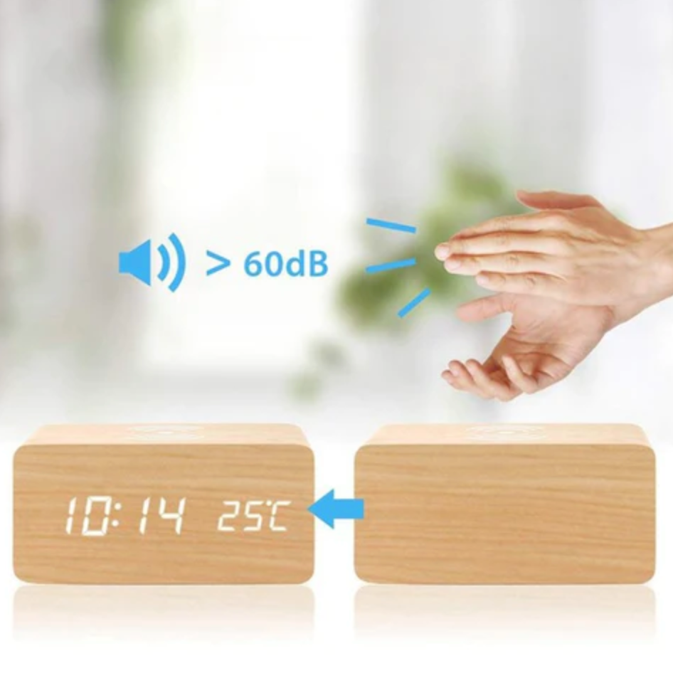 Wooden digital alarm clock with induction charger