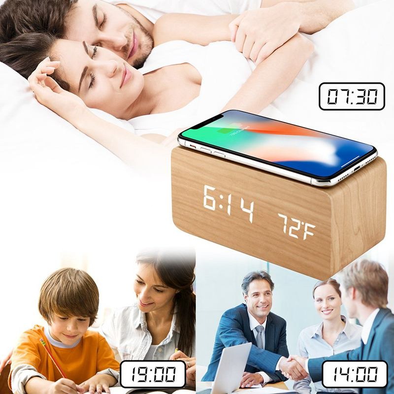 Wooden digital alarm clock with induction charger