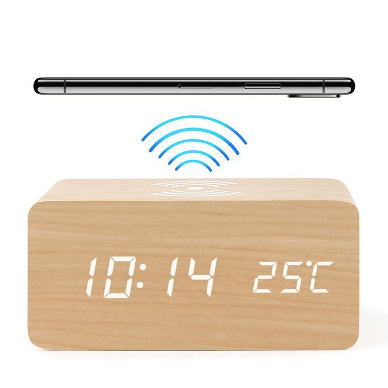 Wooden digital alarm clock with induction charger
