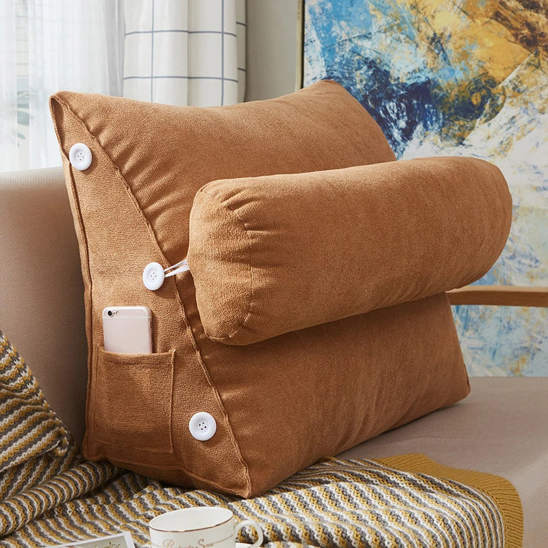 Coussin de Lecture Triangulaire avec Appui-tête et Poche Latérale