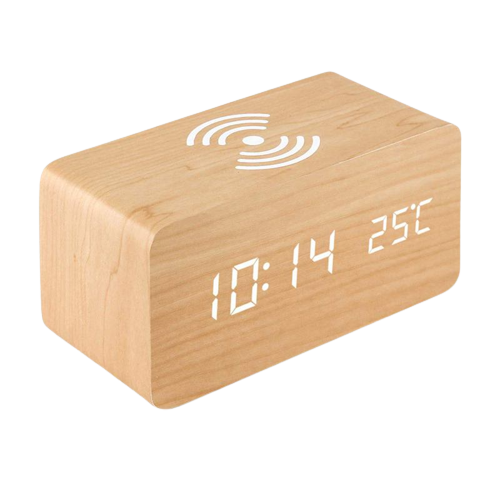 Wooden digital alarm clock with induction charger