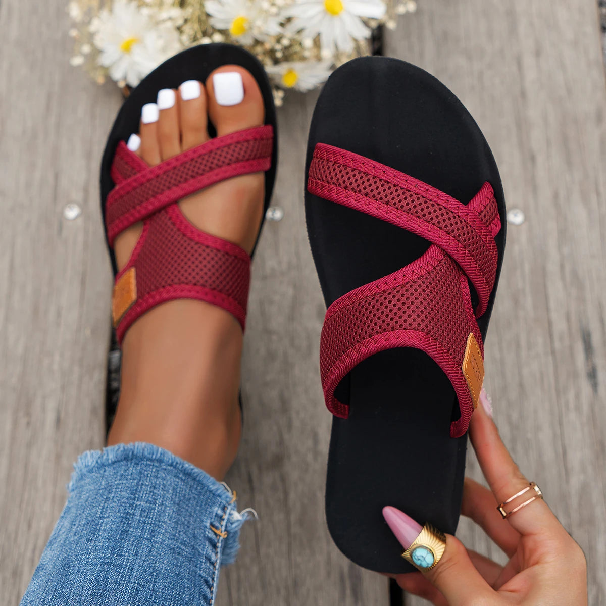 Women's Breathable Mesh Criss-Cross Strap Sandals — Flat, Comfortable