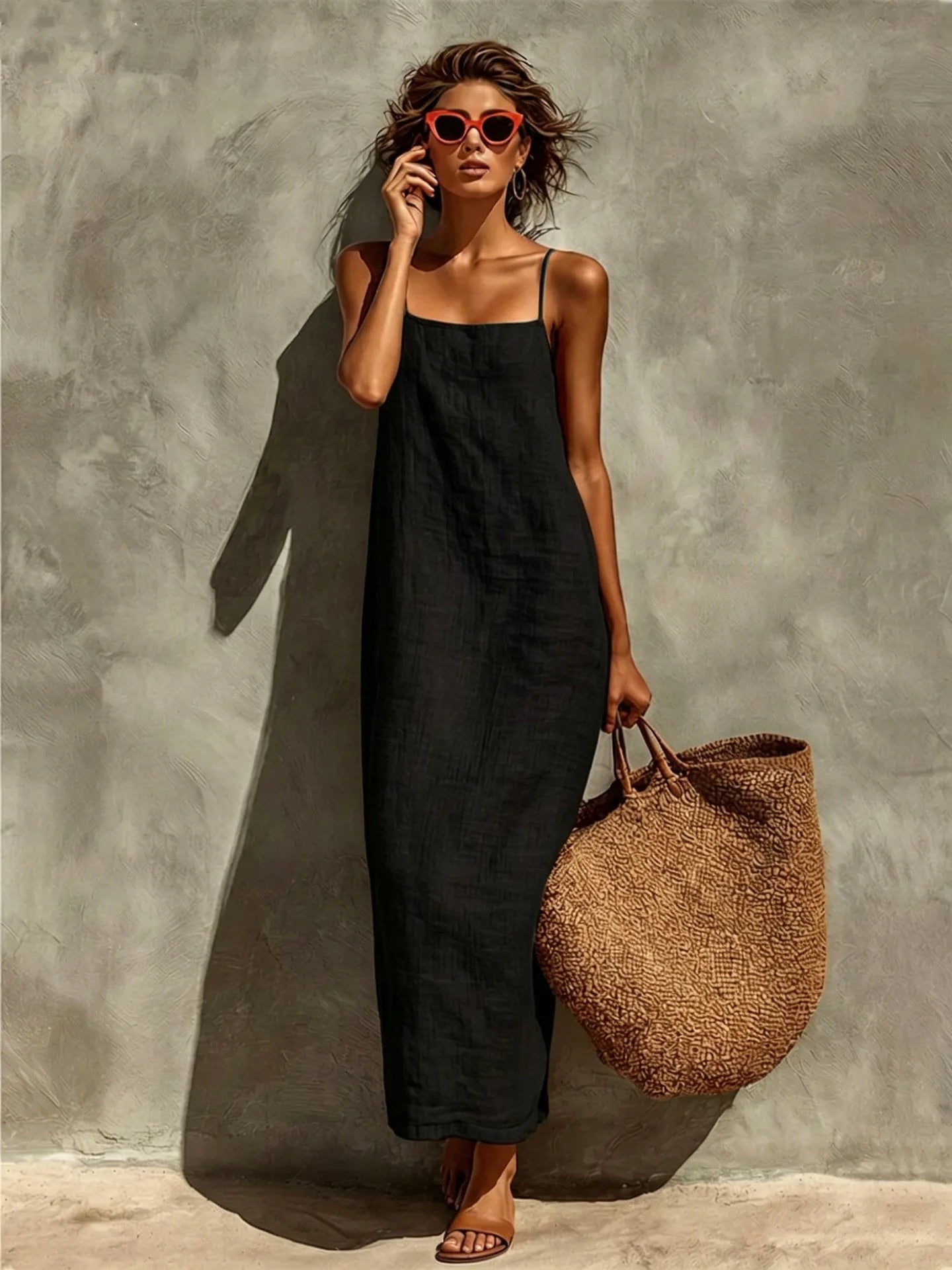 Women's Long Cotton and Linen Dress – Thin Straps, Straight Cut, and Bohemian Style for Summer