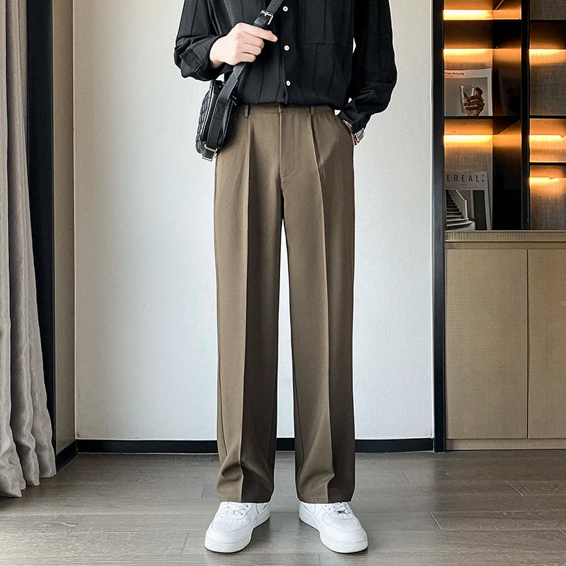 Men's Pleated Straight-Leg Suit Trousers