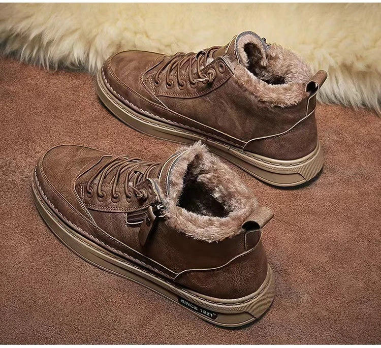Leather High-Top Sneakers with Fur Lining and Zipper