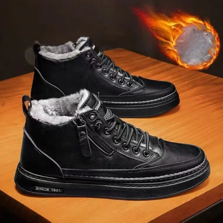 Leather High-Top Sneakers with Fur Lining and Zipper