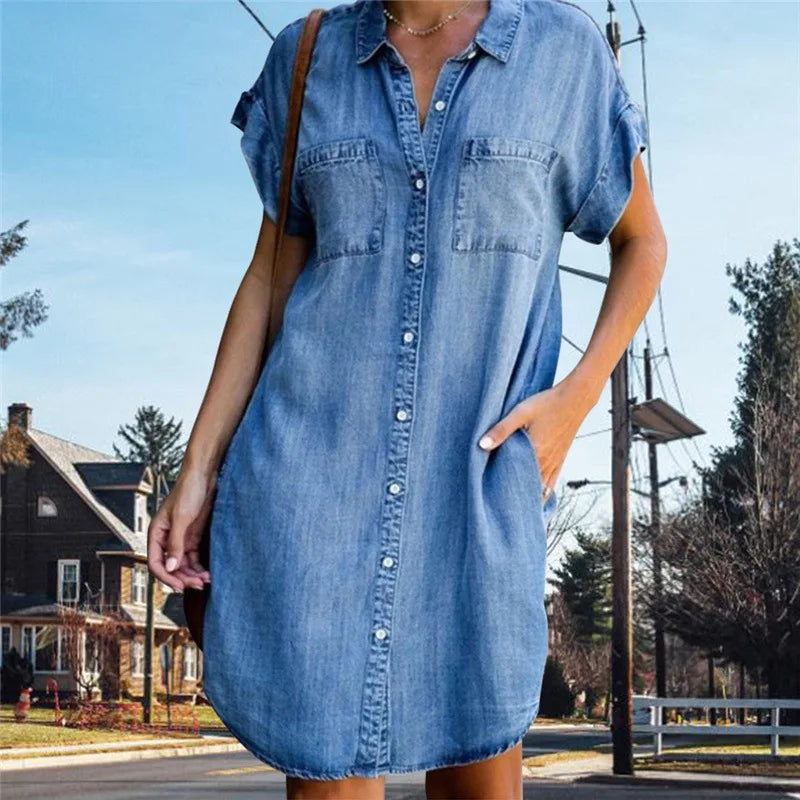 Short Sleeve Denim Tunic Dress with Pockets