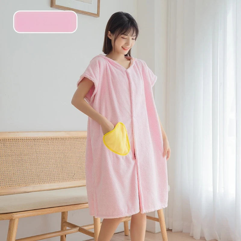 Women's Hooded Bathrobe with Front Pocket