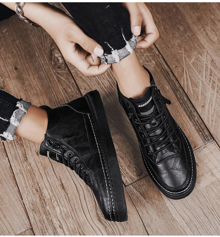 Leather High-Top Sneakers with Fur Lining and Zipper