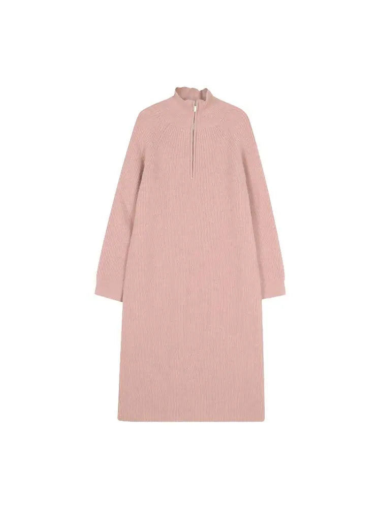 Loose Ribbed Knitted Jumper Dress with Zip Funnel Neck