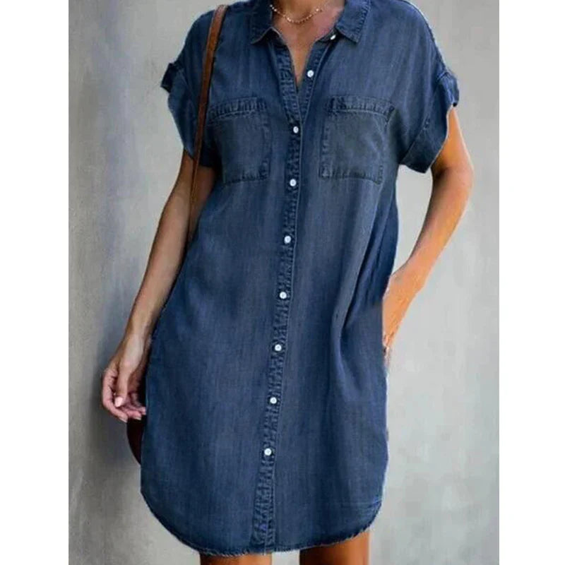 Short Sleeve Denim Tunic Dress with Pockets