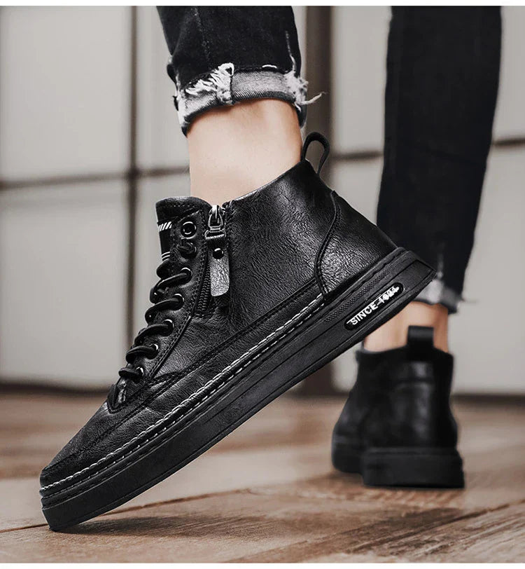 Leather High-Top Sneakers with Fur Lining and Zipper