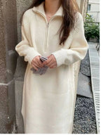 Loose Ribbed Knitted Jumper Dress with Zip Funnel Neck