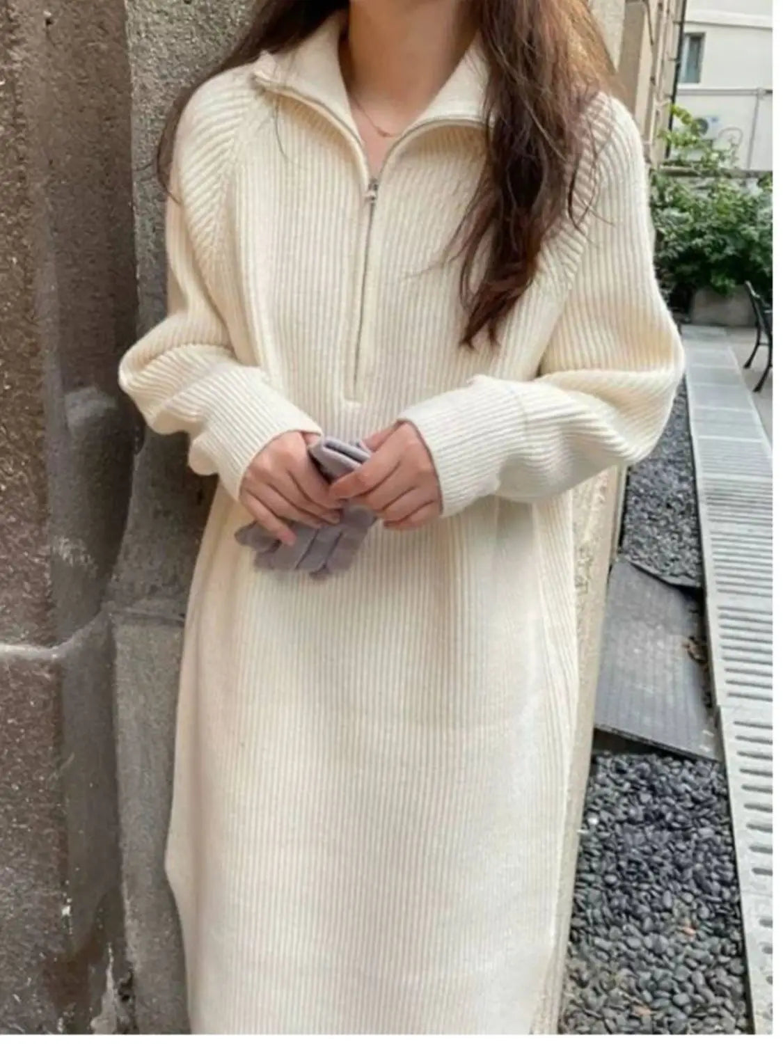 Loose Ribbed Knitted Jumper Dress with Zip Funnel Neck