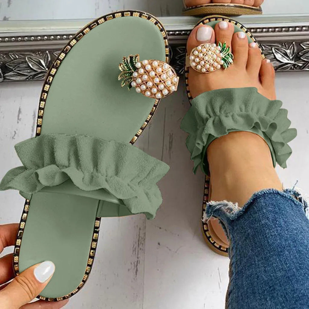 Women's Summer 2026 Flip-Flops - Beaded Pineapple Toe Post & Ruffled Strap