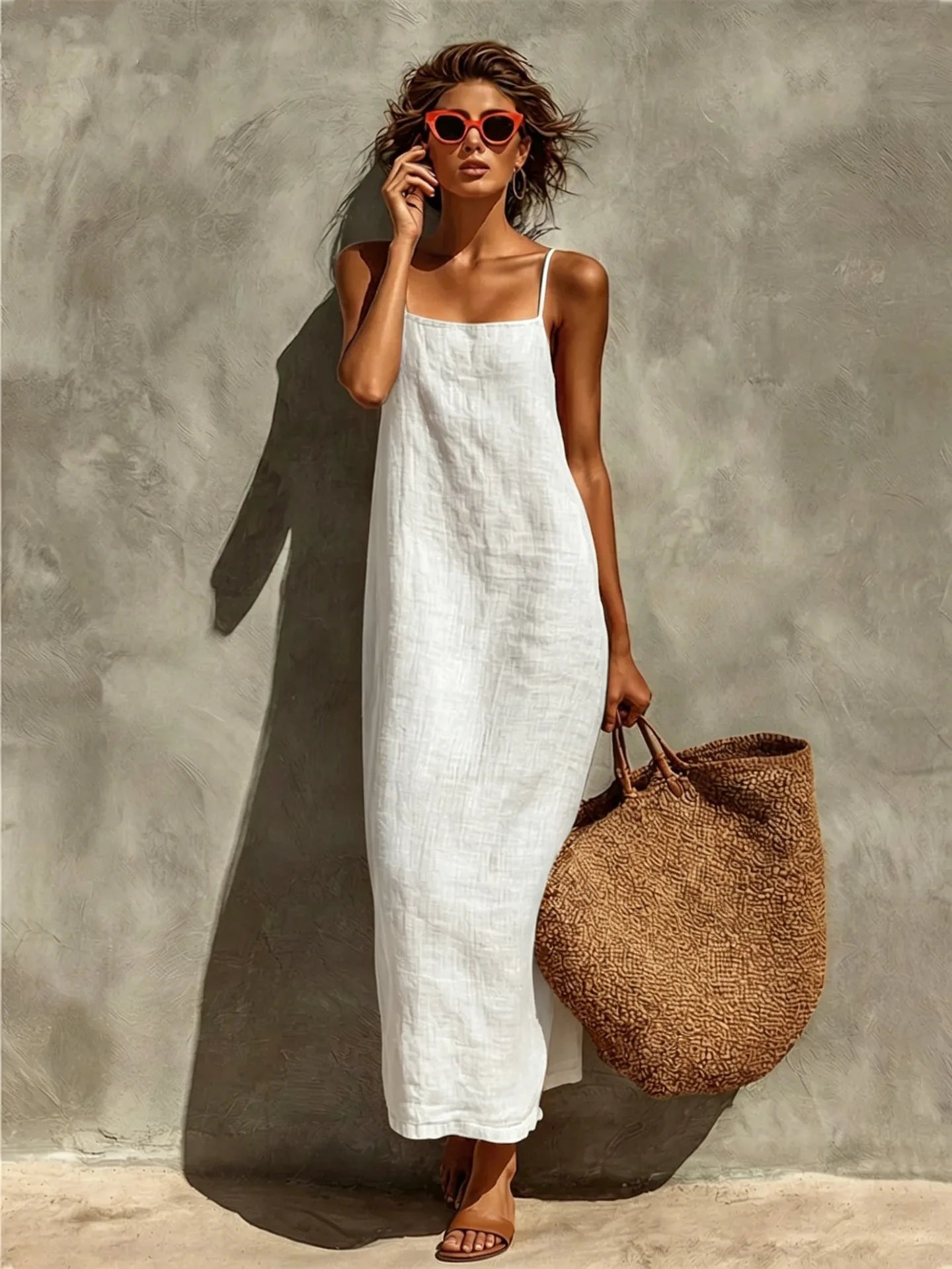 Women's Long Cotton and Linen Dress – Thin Straps, Straight Cut, and Bohemian Style for Summer