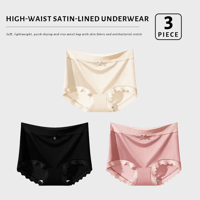 Lot de 3 Culottes en Soie Glacée Taille Haute - Bords Côtelés & Noeud