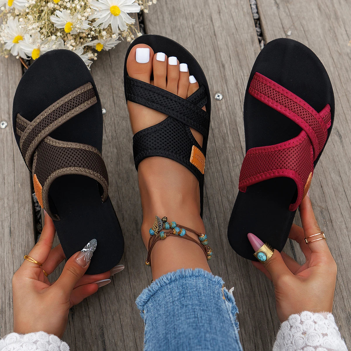 Women's Breathable Mesh Criss-Cross Strap Sandals — Flat, Comfortable