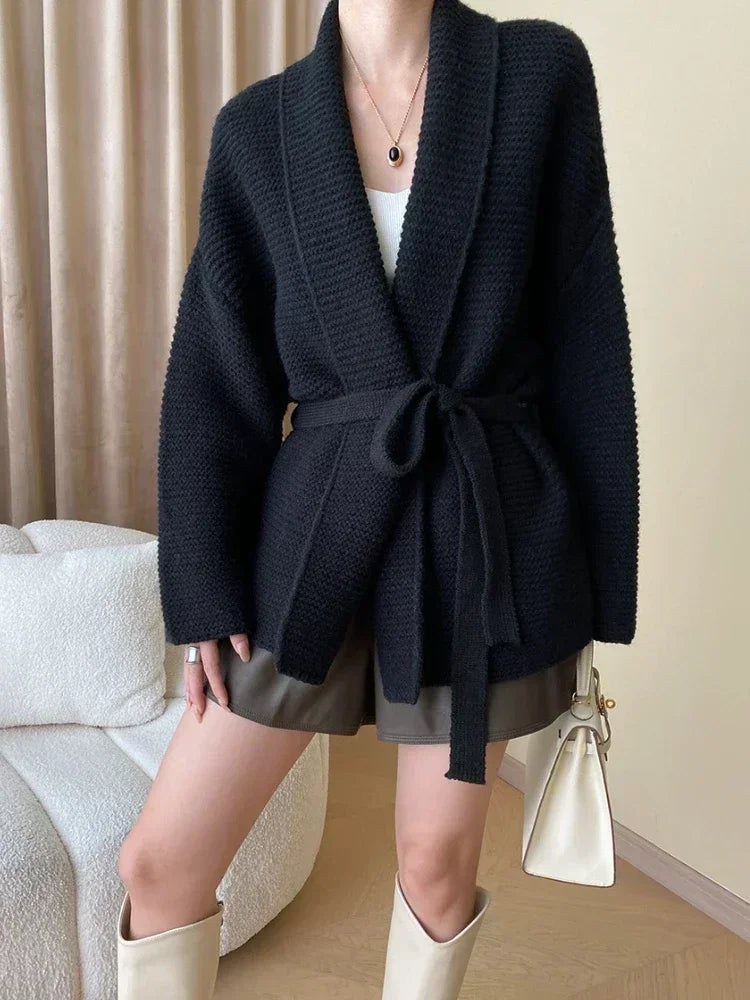 Knit cardigan with tie belt