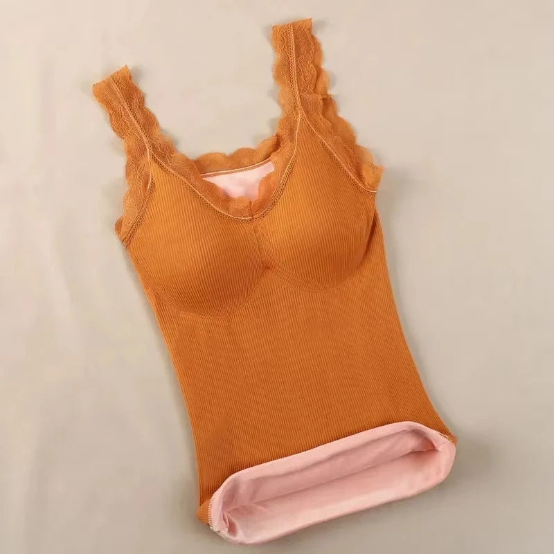 Débardeur Thermique Femme Doublé Polaire à Dentelle – Sous-Vêtement Chaud & Doux d’Hiver
