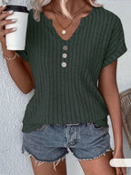Women's Elegant Ribbed V-Neck Button-Up Top