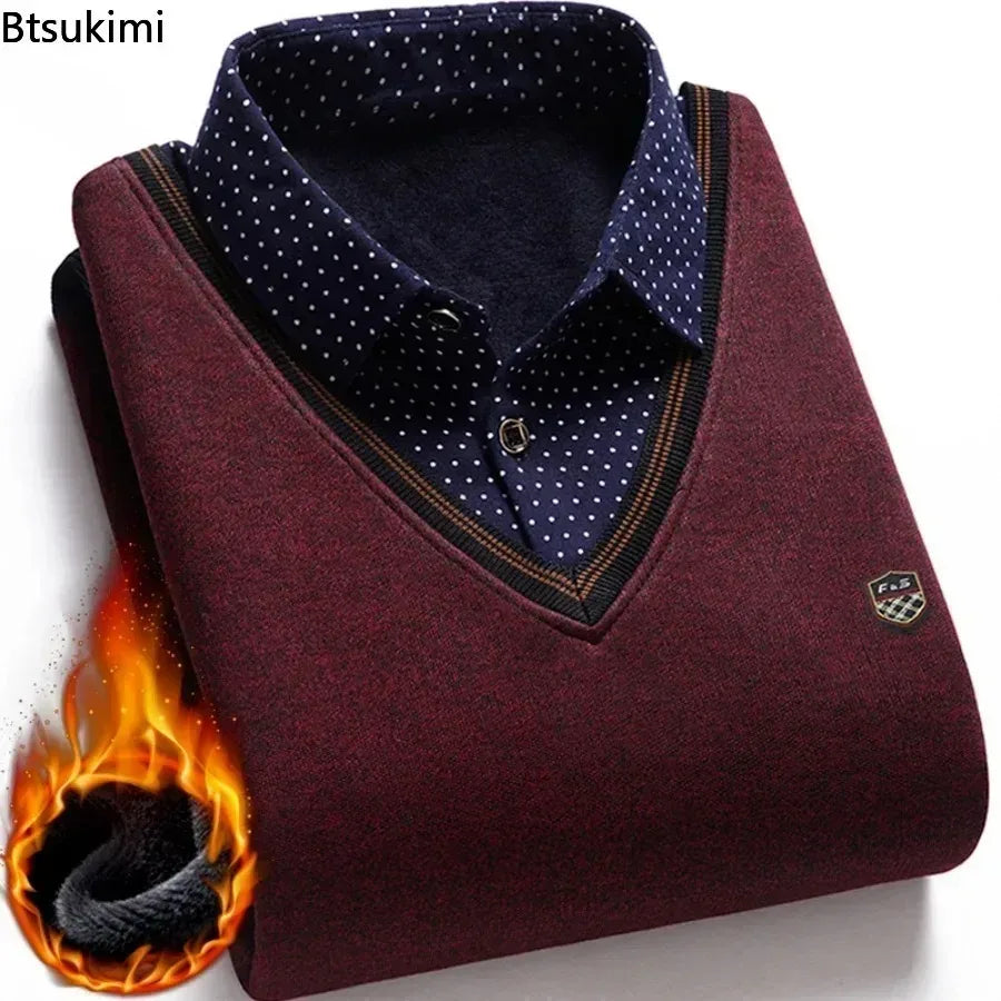 V-Neck Sweater with Patterned Shirt - Men