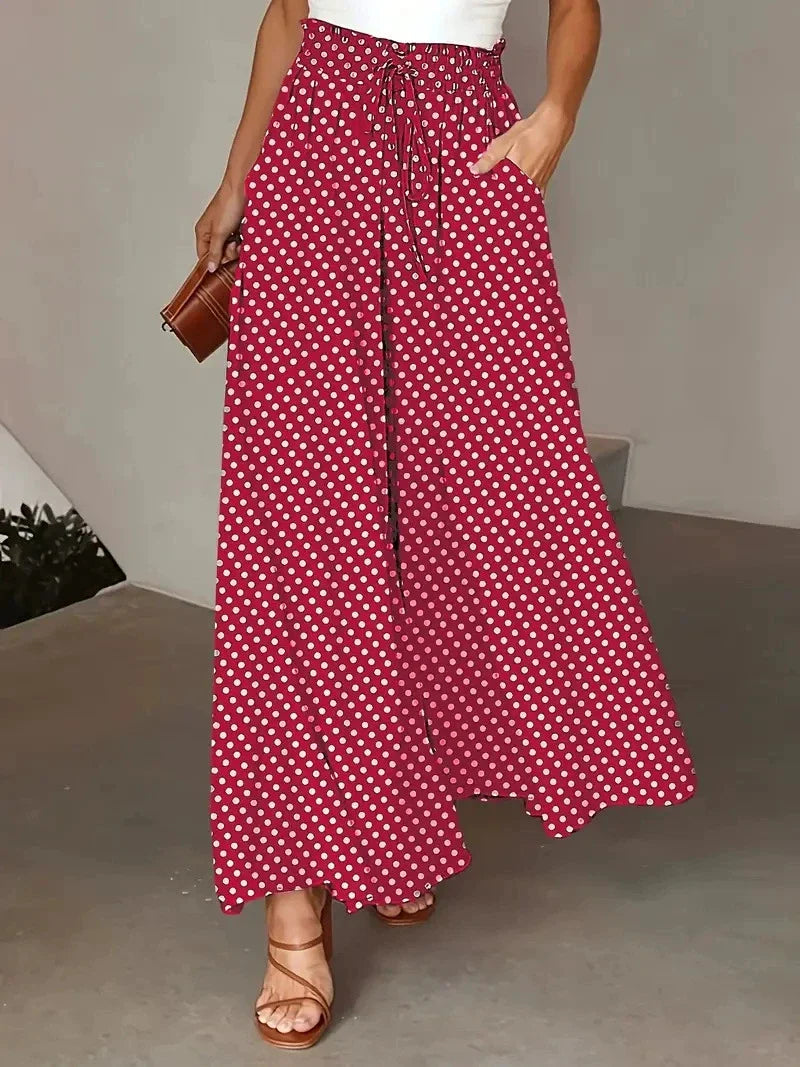 Polka Dot Wide Leg Flowy Trousers with Elastic Waist