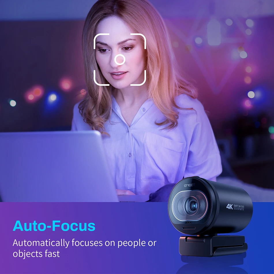 Webcam 4K 1080P 60FPS USB Clipsable - Duo Micros, Autofocus...