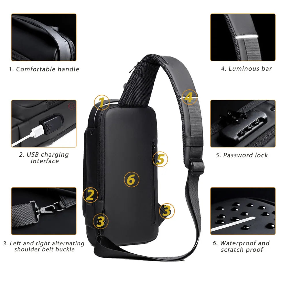 Sac à Bandoulière Homme AntiVol avec Cadenas & Chargement USB
