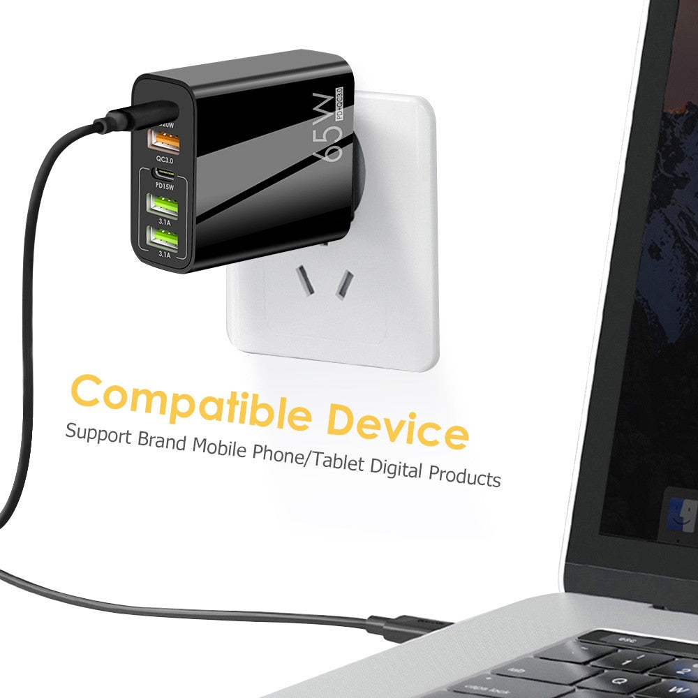 65W 5-in-1 Fast Charger - 3 USB + 2 USB-C