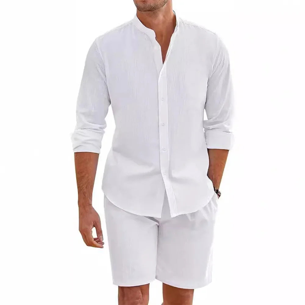 Ensemble chemise et short homme en coton et lin — 2 pièces, tenue de plage été