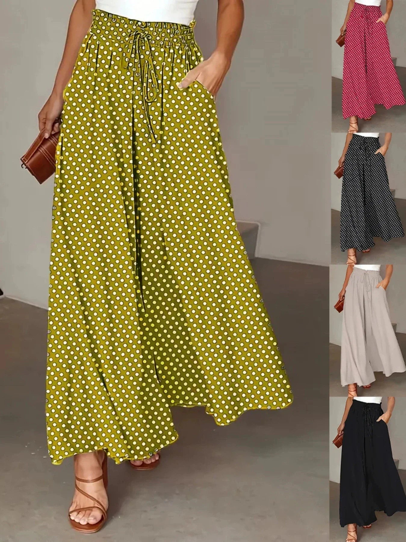 Pantalon Fluide à Jambes Larges avec Taille Élastique à Pois
