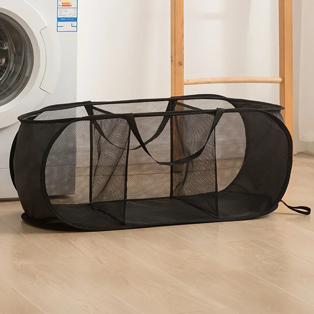 Large Foldable Pop-Up Mesh Laundry Hamper with 3 Sections - Black, White & Colors