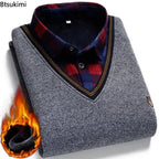 V-Neck Sweater with Patterned Shirt - Men