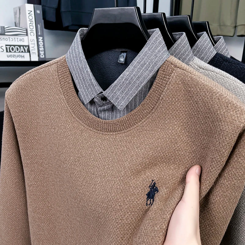 Men's Warm Winter Sweater with Integrated Polo Collar