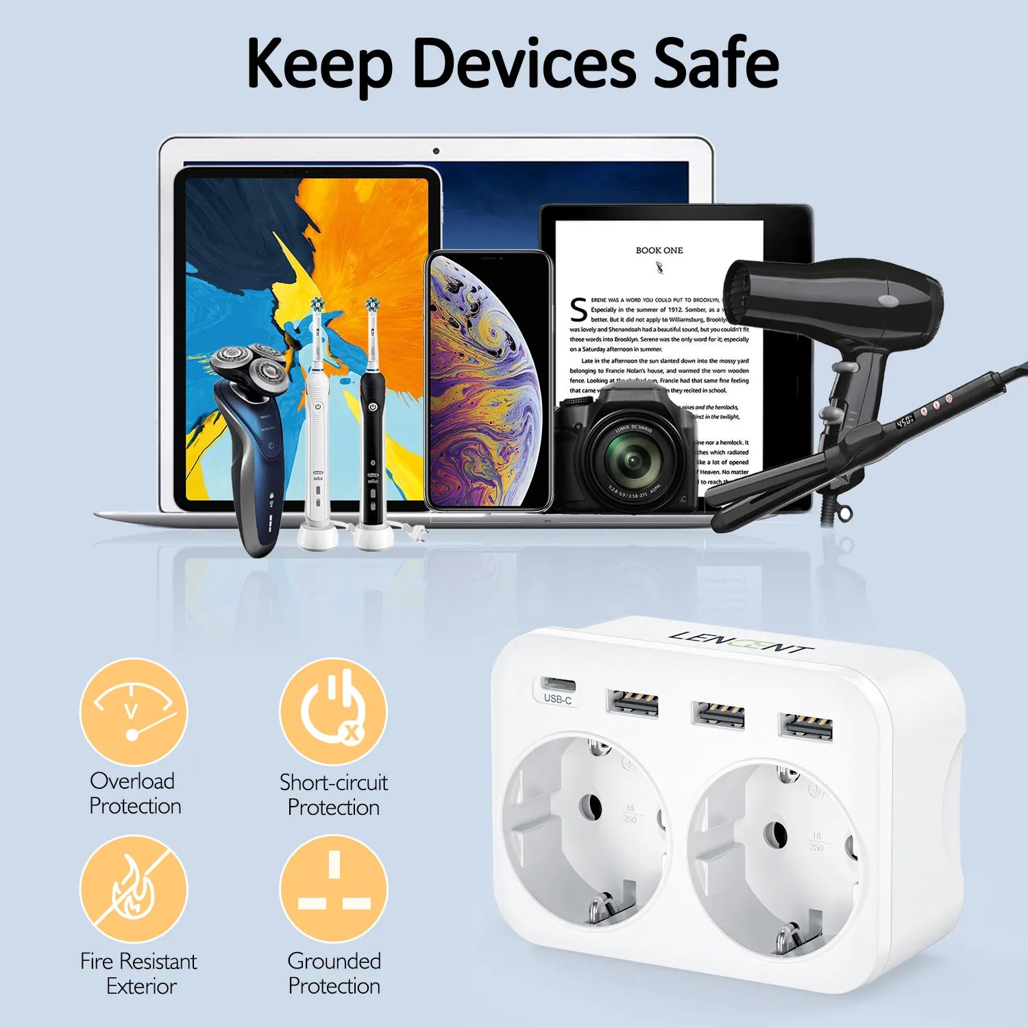 Multiprise 6 en 1 - 2 Prises + 3 USB + 1 USB-C