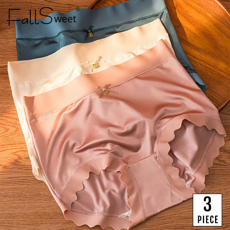 Pack of 3 High Waisted Ice Silk Briefs - Ribbed Edges & Bow