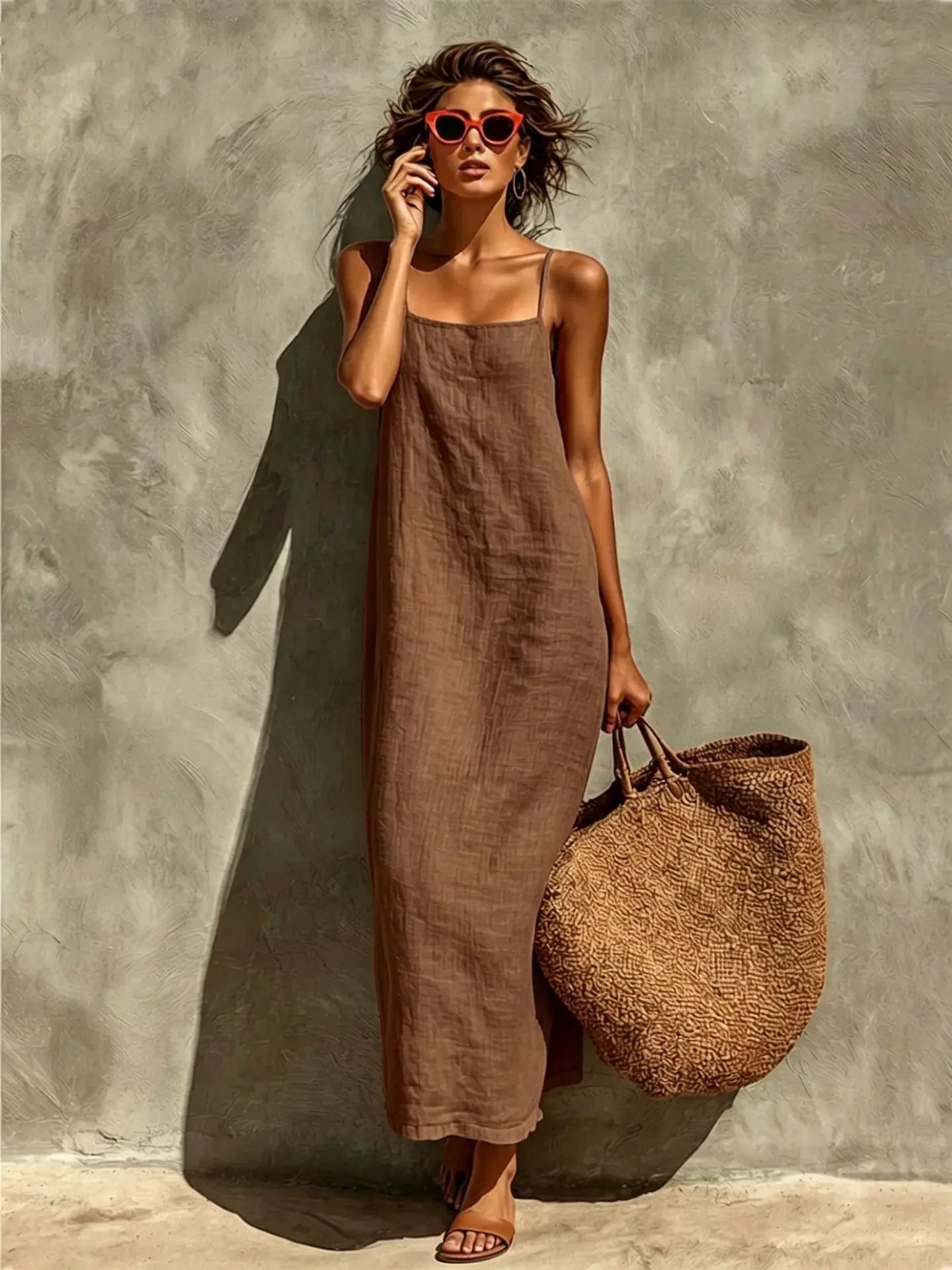 Women's Long Cotton and Linen Dress – Thin Straps, Straight Cut, and Bohemian Style for Summer