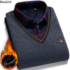 V-Neck Sweater with Patterned Shirt - Men