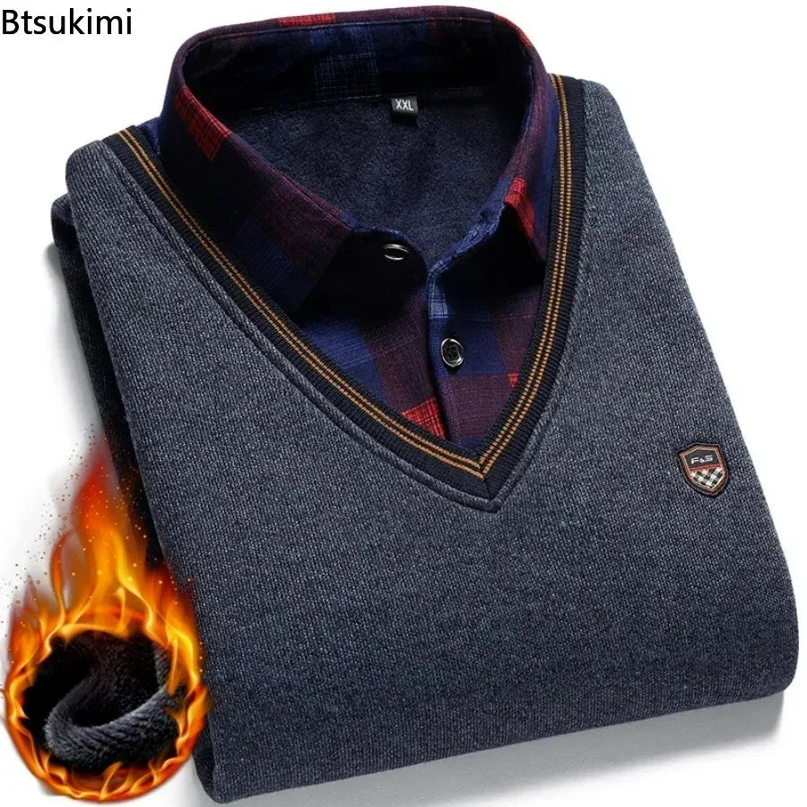V-Neck Sweater with Patterned Shirt - Men