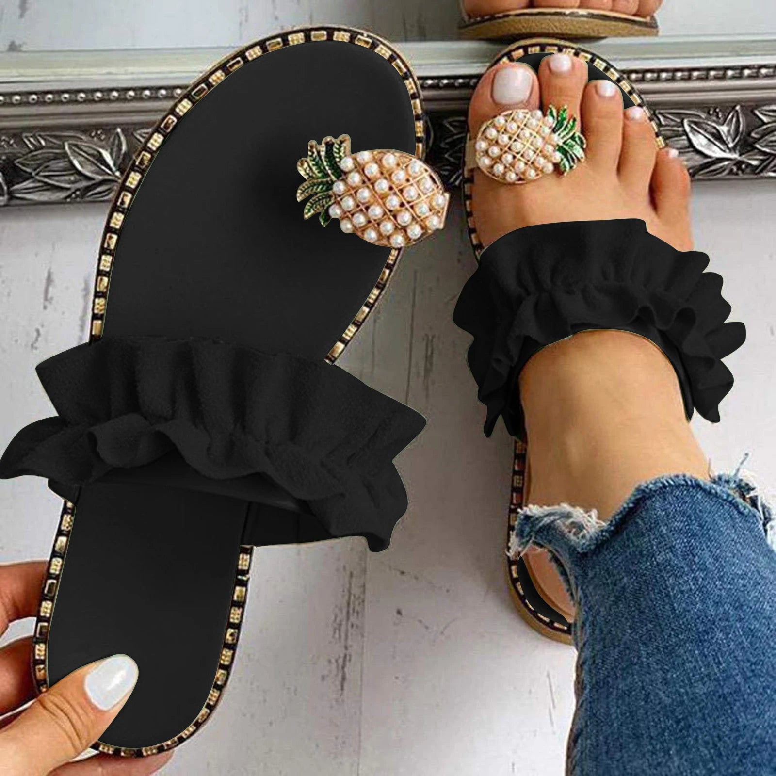 Women's Summer 2026 Flip-Flops - Beaded Pineapple Toe Post & Ruffled Strap