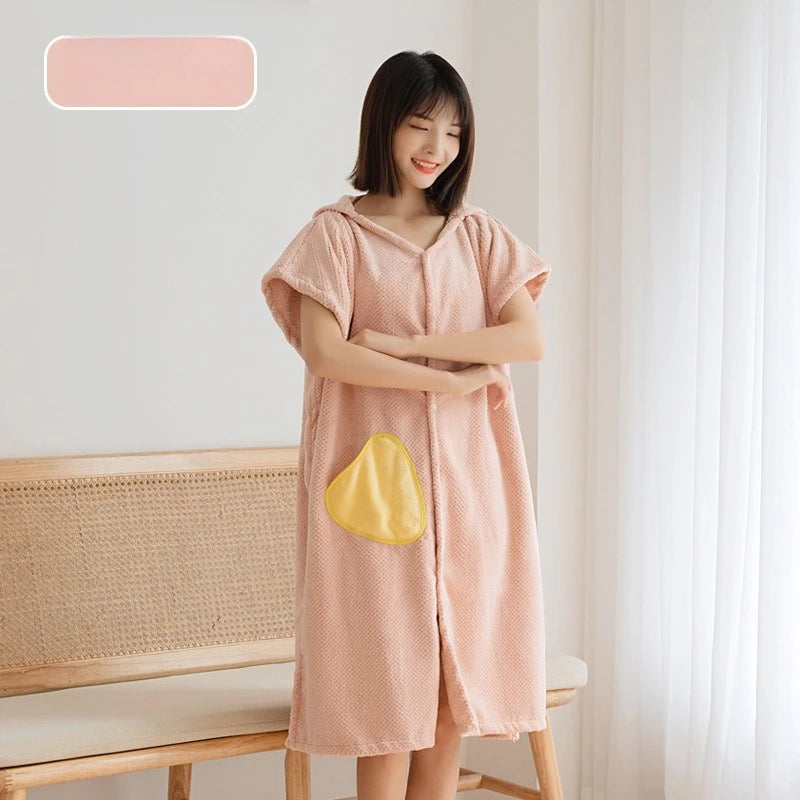 Women's Hooded Bathrobe with Front Pocket