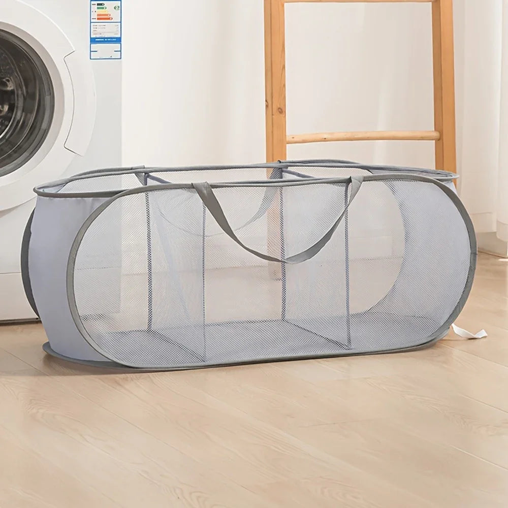 Large Foldable Pop-Up Mesh Laundry Hamper with 3 Sections - Black, White & Colors