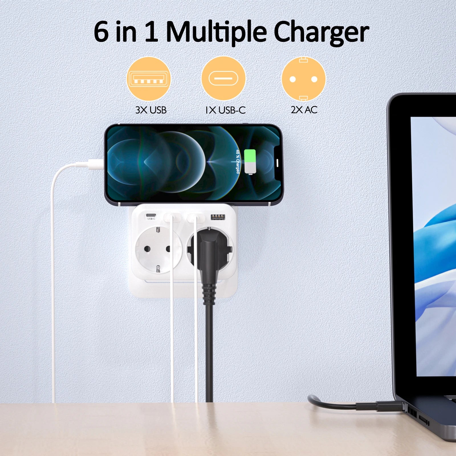 Multiprise 6 en 1 - 2 Prises + 3 USB + 1 USB-C