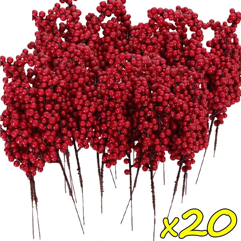 20x Artificial Christmas Holly Berries with Stem