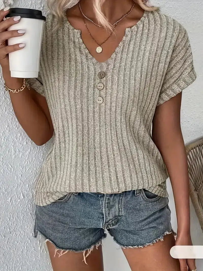 Women's Elegant Ribbed V-Neck Button-Up Top